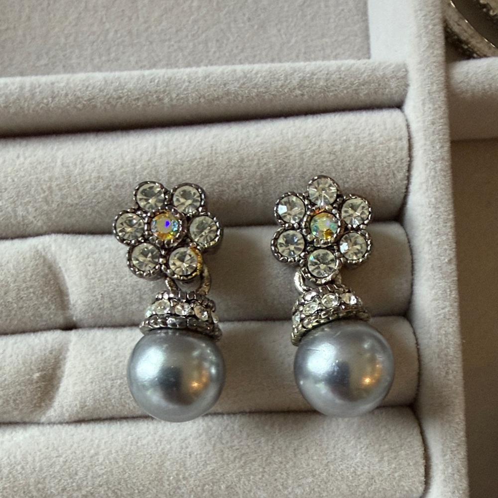 Crystal Flower Pearl Drop Costume Earrings - Silver